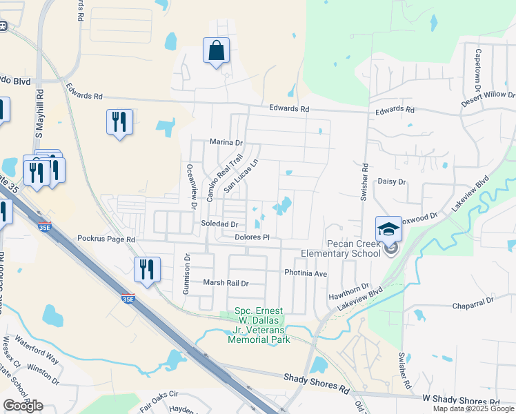 map of restaurants, bars, coffee shops, grocery stores, and more near 3713 Juniperio Street in Denton