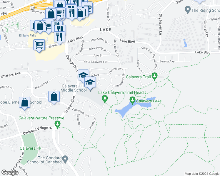 map of restaurants, bars, coffee shops, grocery stores, and more near 3577 Gorge Place in Carlsbad