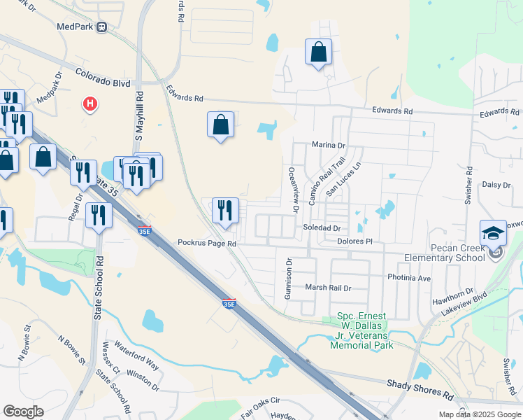 map of restaurants, bars, coffee shops, grocery stores, and more near 5009 Spyglass Lane in Denton