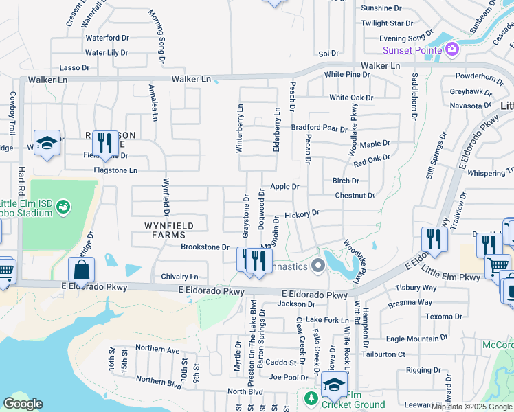 map of restaurants, bars, coffee shops, grocery stores, and more near 2400 Dogwood Drive in Little Elm