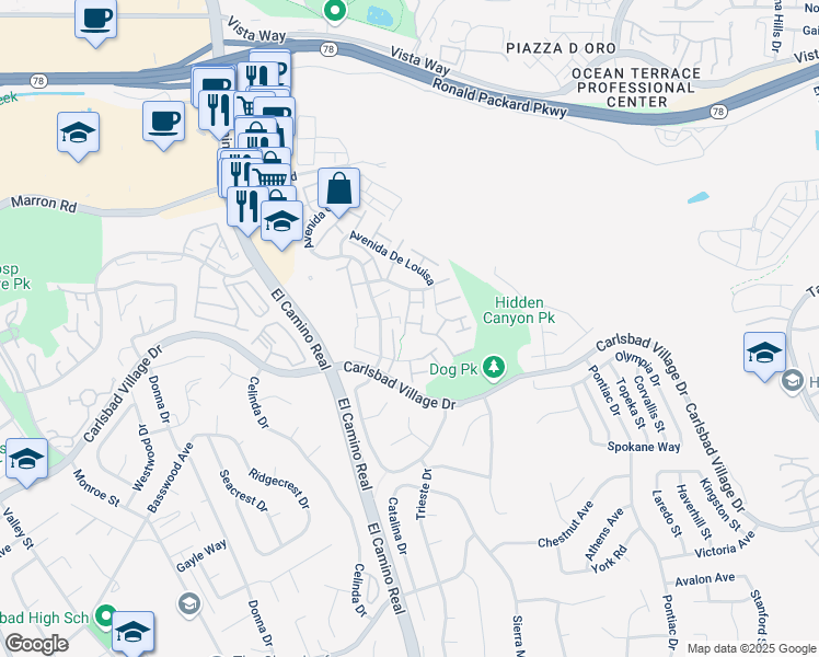 map of restaurants, bars, coffee shops, grocery stores, and more near 2703 Via Cardel in Carlsbad
