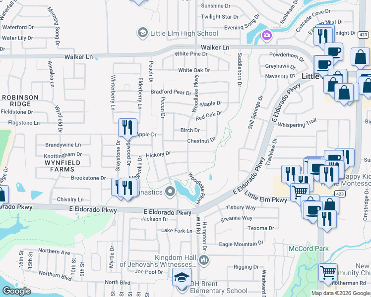 map of restaurants, bars, coffee shops, grocery stores, and more near 2224 Hickory Drive in Little Elm