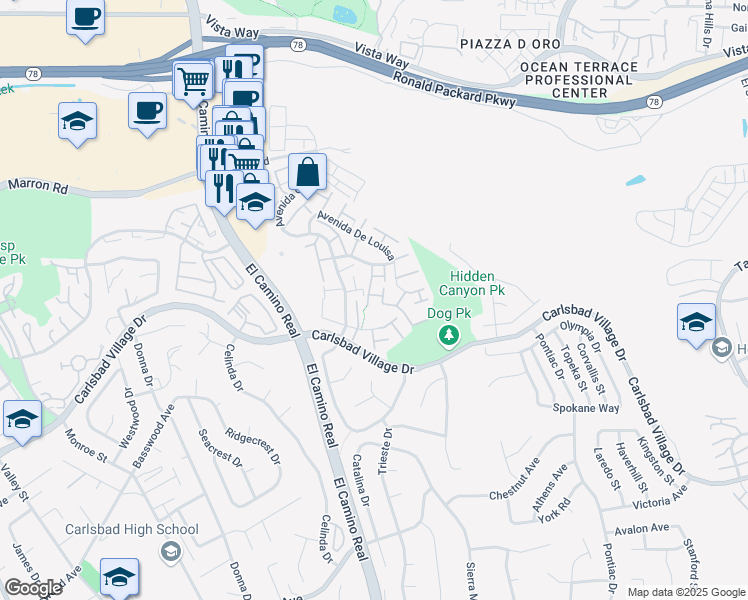 map of restaurants, bars, coffee shops, grocery stores, and more near 2705 Via Cardel in Carlsbad