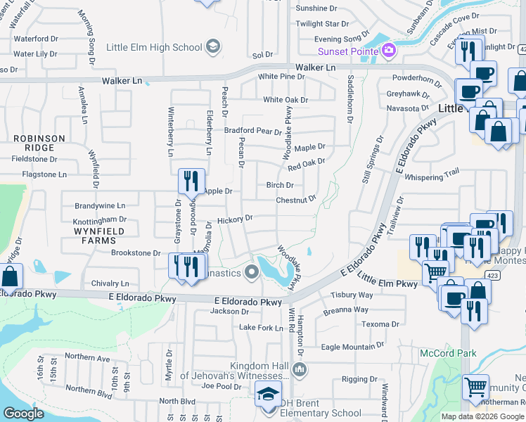 map of restaurants, bars, coffee shops, grocery stores, and more near 2224 Hickory Drive in Little Elm