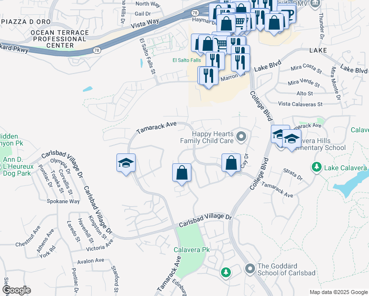 map of restaurants, bars, coffee shops, grocery stores, and more near 3620 Harwich Drive in Carlsbad