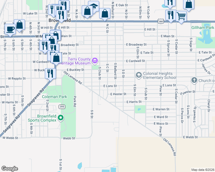 map of restaurants, bars, coffee shops, grocery stores, and more near 701 South C Street in Brownfield