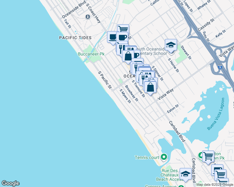 map of restaurants, bars, coffee shops, grocery stores, and more near 1816 South Pacific Street in Oceanside