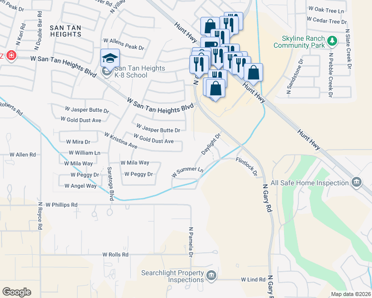 map of restaurants, bars, coffee shops, grocery stores, and more near 32327 North Hidden Canyon Drive in Queen Creek