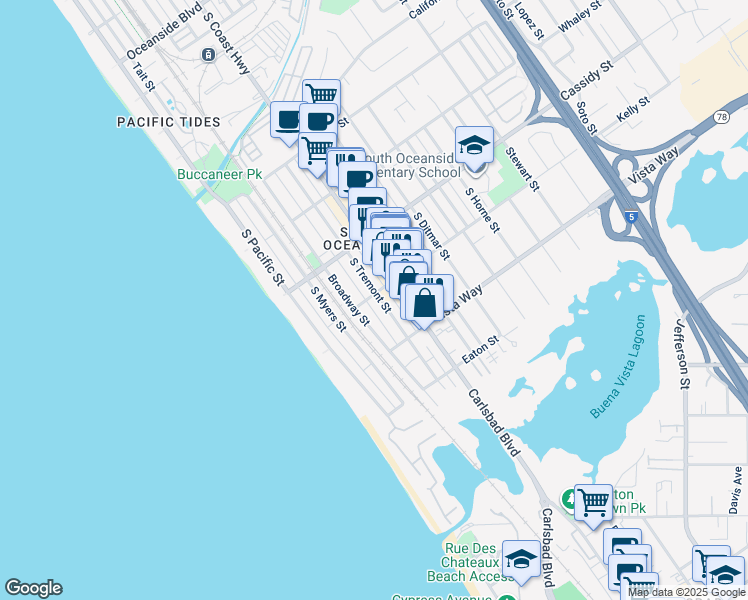 map of restaurants, bars, coffee shops, grocery stores, and more near 325 Kelly Street in Oceanside