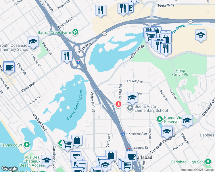 map of restaurants, bars, coffee shops, grocery stores, and more near 1204 Lanai Court in Carlsbad