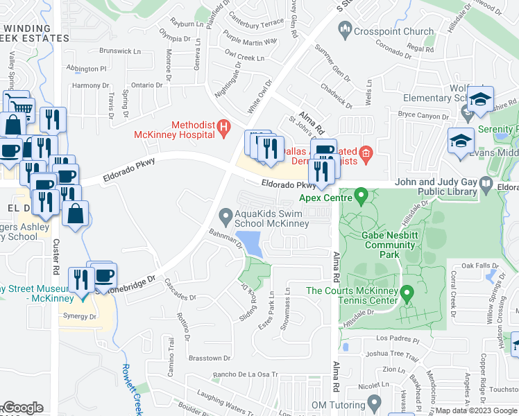 map of restaurants, bars, coffee shops, grocery stores, and more near 3075 Willow Grove Boulevard in McKinney