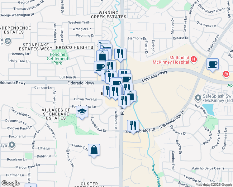 map of restaurants, bars, coffee shops, grocery stores, and more near 11625 Custer Road in Frisco