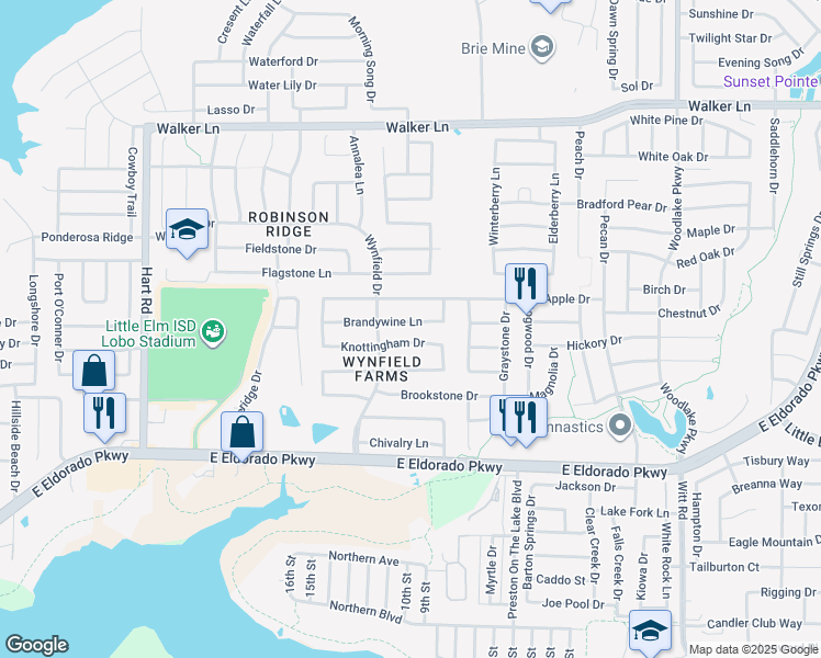 map of restaurants, bars, coffee shops, grocery stores, and more near 1550 Knottingham Drive in Little Elm