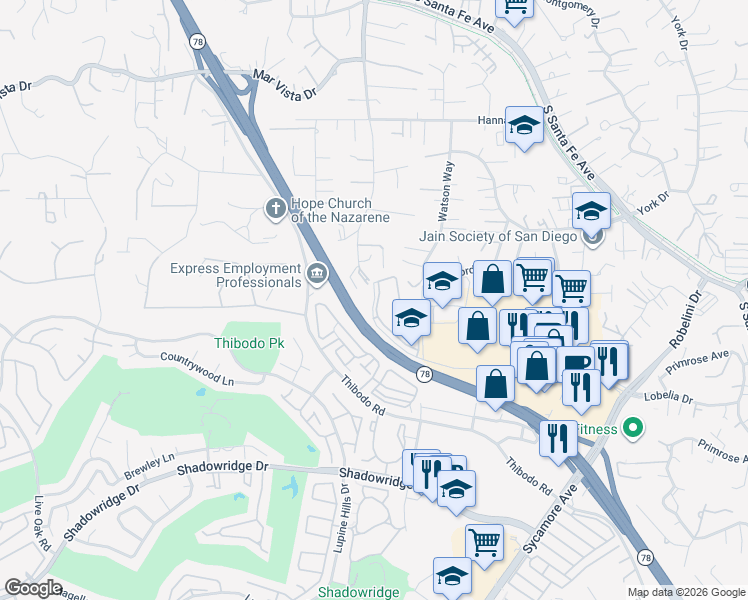 map of restaurants, bars, coffee shops, grocery stores, and more near 2152 University Drive in Vista