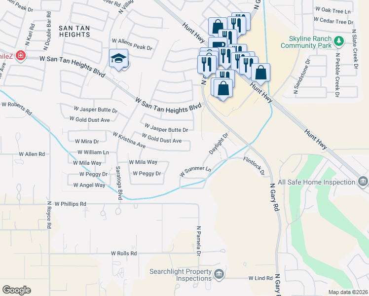 map of restaurants, bars, coffee shops, grocery stores, and more near 2051 West Kristina Avenue in San Tan Valley