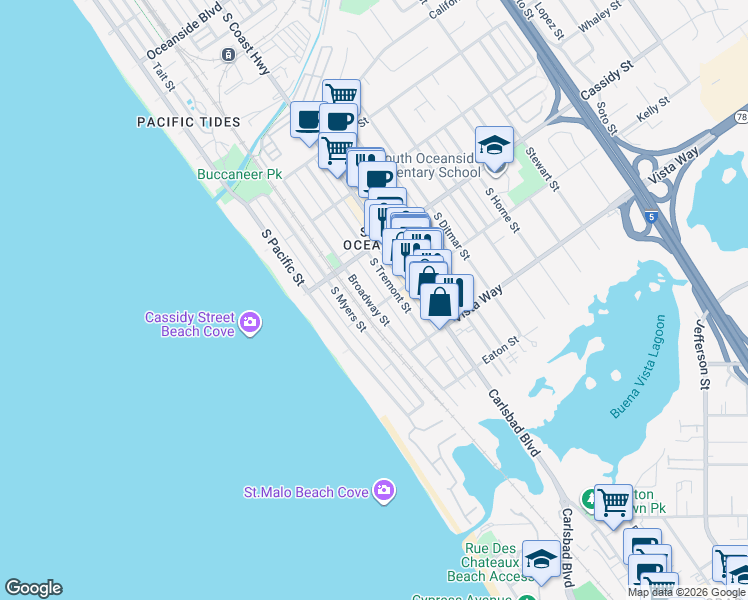 map of restaurants, bars, coffee shops, grocery stores, and more near 1840 Broadway Street in Oceanside