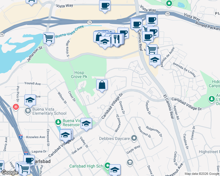 map of restaurants, bars, coffee shops, grocery stores, and more near 2217 David Place in Carlsbad