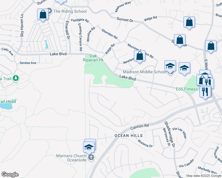 map of restaurants, bars, coffee shops, grocery stores, and more near 3761 Southridge Way in Oceanside
