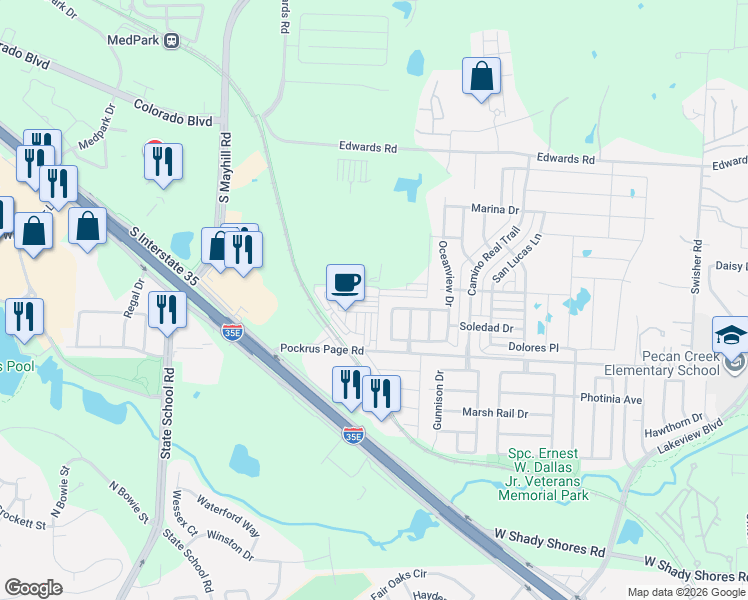 map of restaurants, bars, coffee shops, grocery stores, and more near 3808 Windy Point Drive in Denton