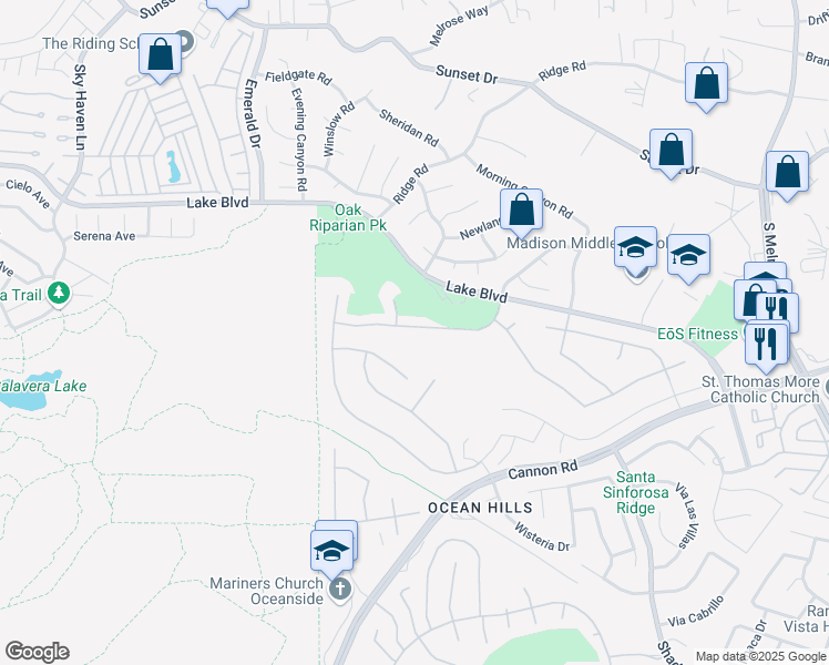 map of restaurants, bars, coffee shops, grocery stores, and more near 3761 Southridge Way in Oceanside