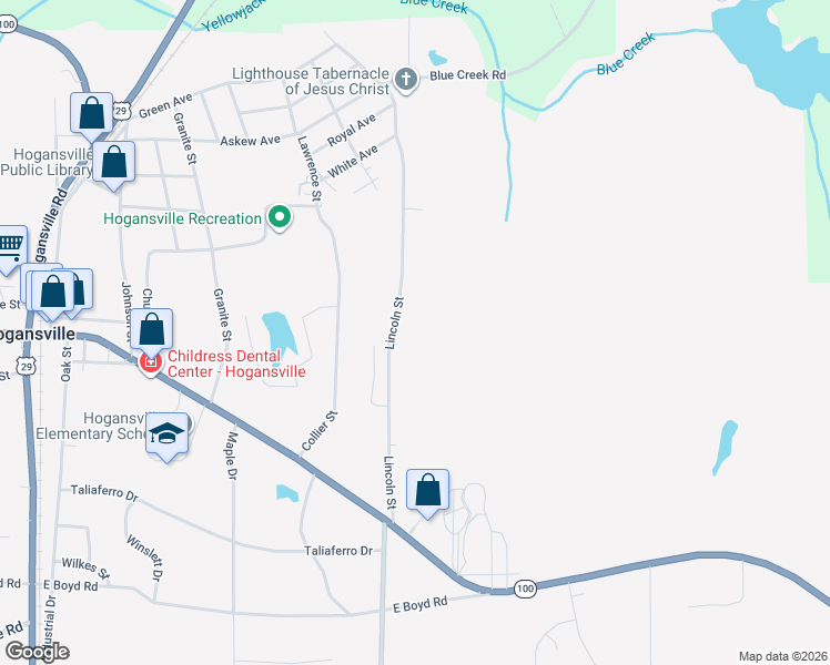 map of restaurants, bars, coffee shops, grocery stores, and more near 141 Lincoln Street in Hogansville