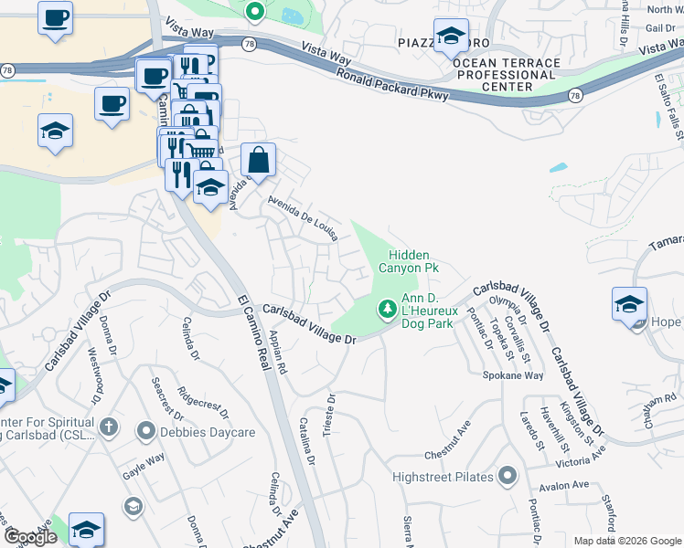 map of restaurants, bars, coffee shops, grocery stores, and more near 3204 Via De Canto in Carlsbad