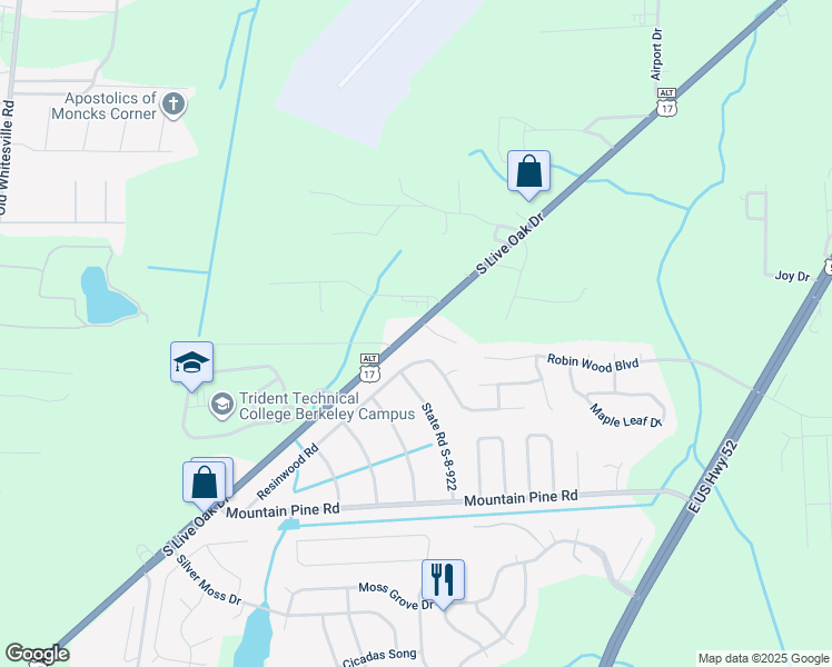 map of restaurants, bars, coffee shops, grocery stores, and more near 978 South Live Oak Drive in Moncks Corner