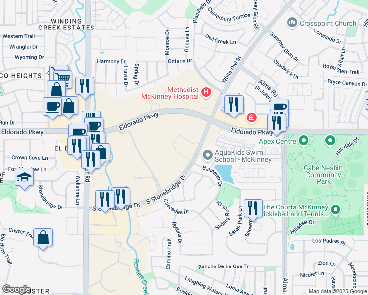 map of restaurants, bars, coffee shops, grocery stores, and more near 3400 S Stonebridge Dr in McKinney