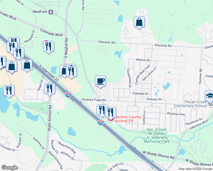 map of restaurants, bars, coffee shops, grocery stores, and more near 3808 Windy Point Drive in Denton
