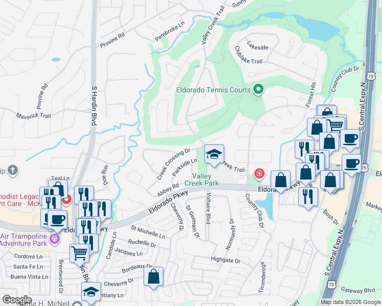 map of restaurants, bars, coffee shops, grocery stores, and more near 2707 Creek Crossing Drive in McKinney