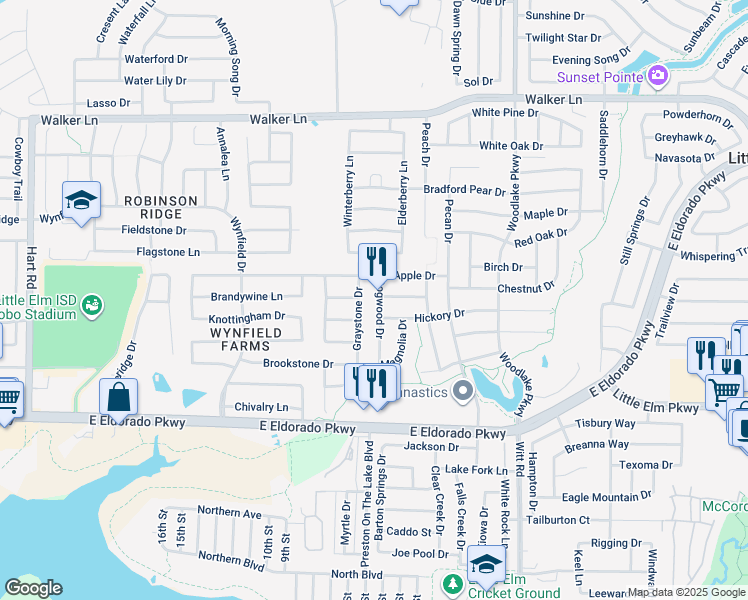 map of restaurants, bars, coffee shops, grocery stores, and more near 2400 Dogwood Drive in Little Elm
