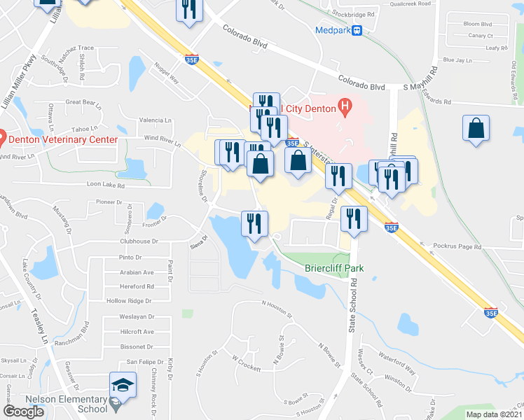 map of restaurants, bars, coffee shops, grocery stores, and more near 3322 Unicorn Lake Boulevard in Denton