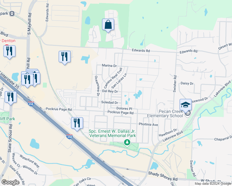 map of restaurants, bars, coffee shops, grocery stores, and more near 5420 Del Rey Drive in Denton