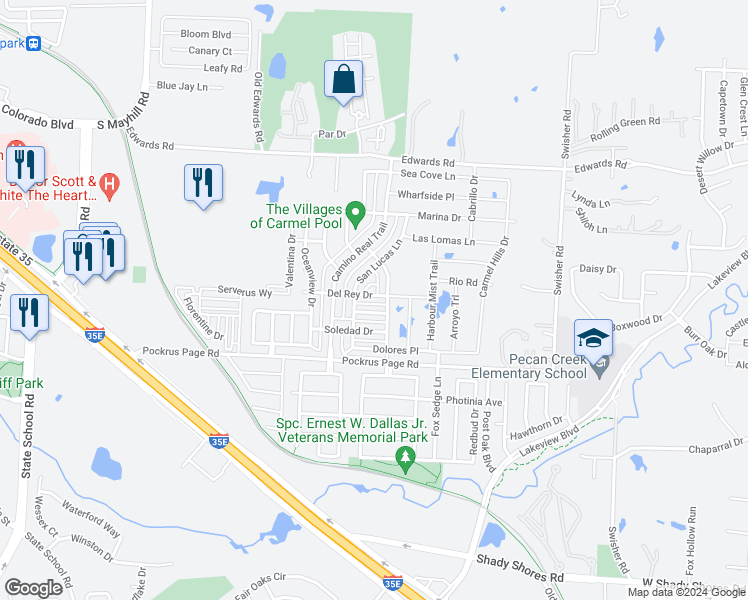 map of restaurants, bars, coffee shops, grocery stores, and more near 5500 Del Rey Drive in Denton