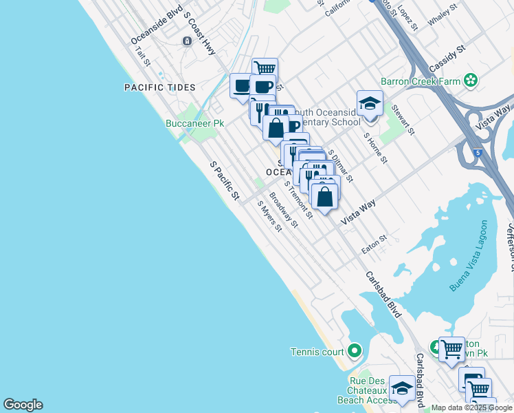 map of restaurants, bars, coffee shops, grocery stores, and more near 1824 South Pacific Street in Oceanside