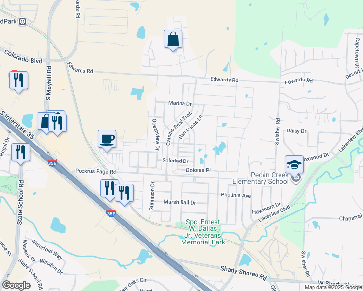 map of restaurants, bars, coffee shops, grocery stores, and more near 5404 Del Rey Drive in Denton