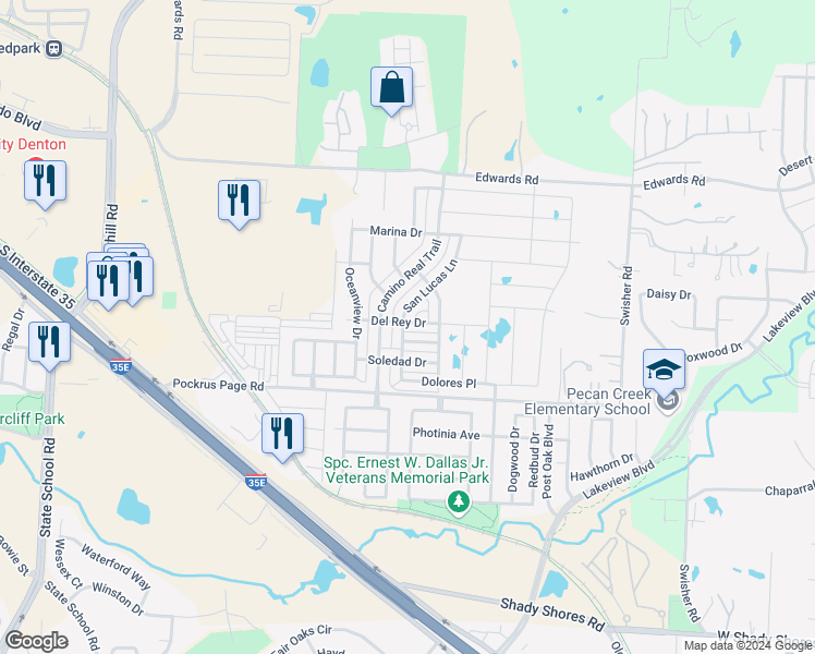 map of restaurants, bars, coffee shops, grocery stores, and more near 5400 Del Rey Drive in Denton