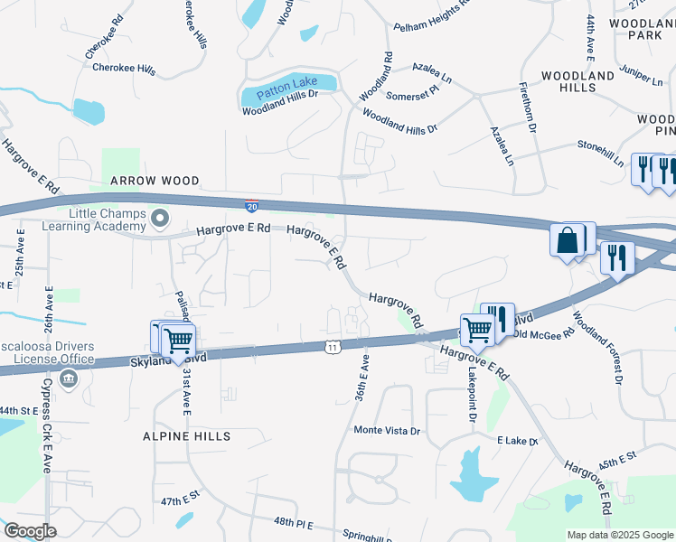map of restaurants, bars, coffee shops, grocery stores, and more near 7005 Hargrove Road East in Tuscaloosa