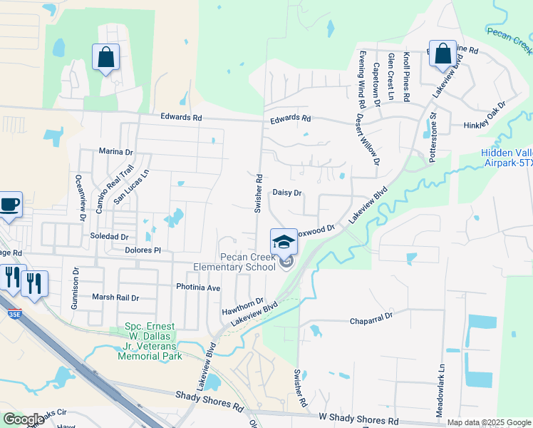 map of restaurants, bars, coffee shops, grocery stores, and more near 6460 Swisher Road in Denton