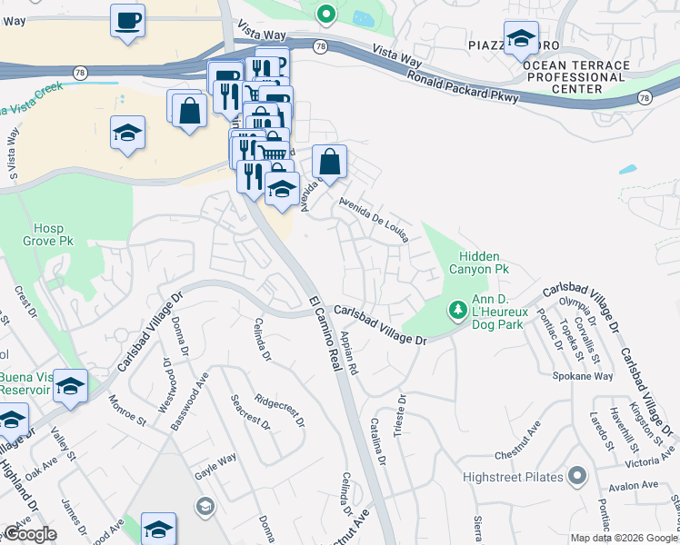 map of restaurants, bars, coffee shops, grocery stores, and more near 3035 Via Amador in Carlsbad