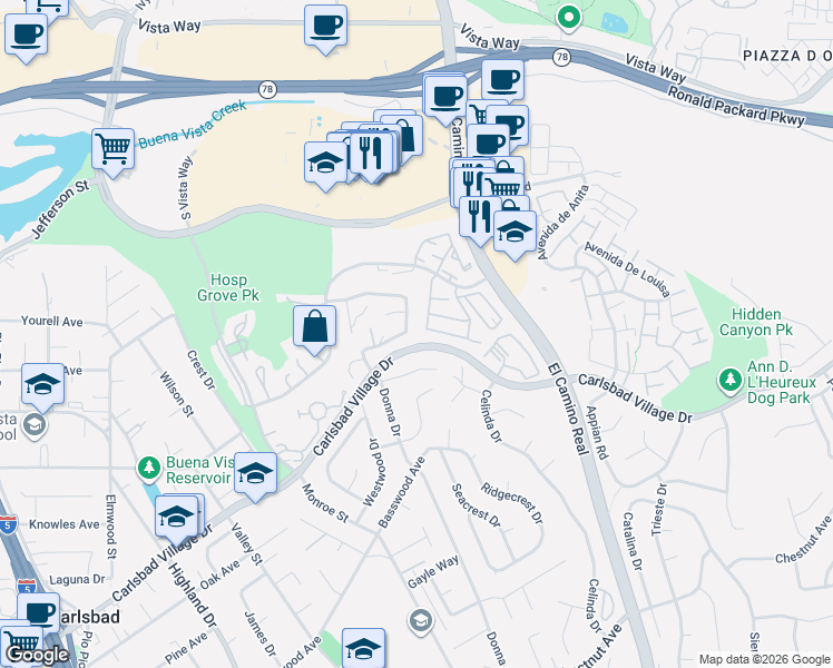 map of restaurants, bars, coffee shops, grocery stores, and more near 2250 Nob Hill Drive in Carlsbad