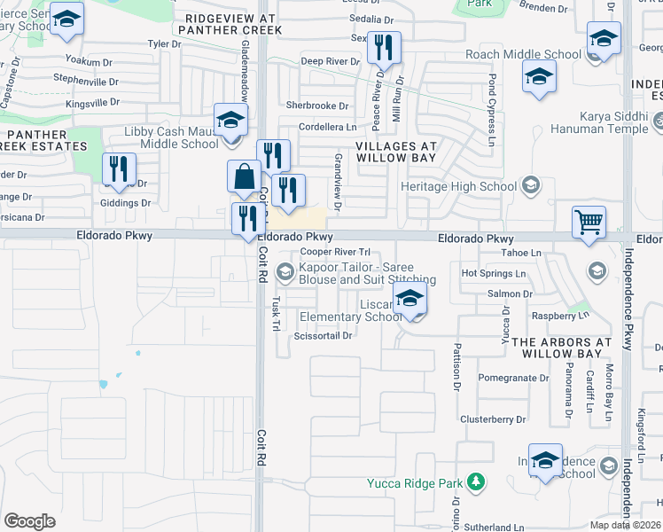 map of restaurants, bars, coffee shops, grocery stores, and more near 13112 Jonata Street in Frisco