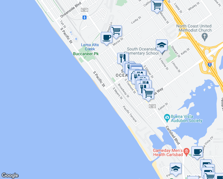 map of restaurants, bars, coffee shops, grocery stores, and more near 1807 South Myers Street in Oceanside