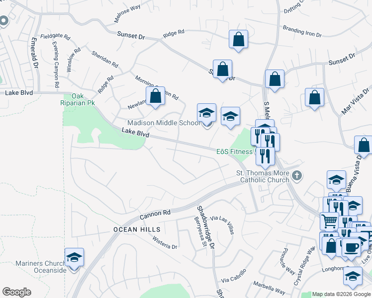 map of restaurants, bars, coffee shops, grocery stores, and more near 4918 Amador Drive in Oceanside