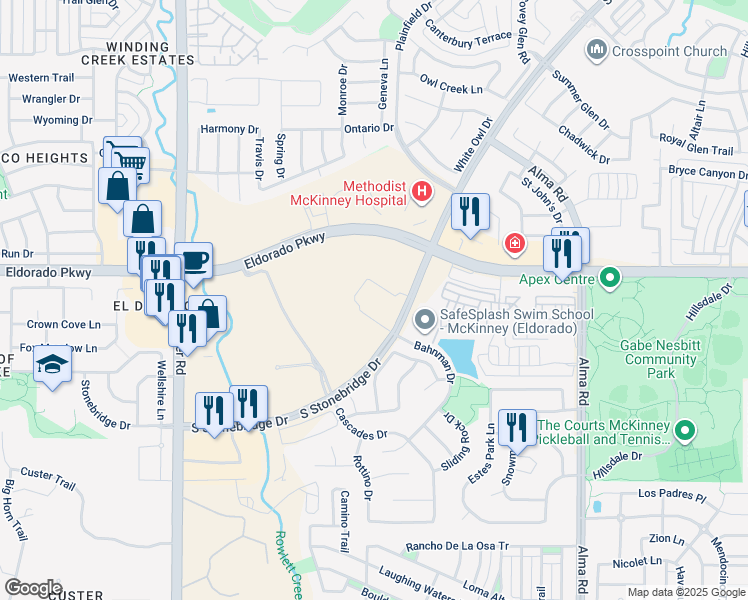 map of restaurants, bars, coffee shops, grocery stores, and more near 3300 South Stonebridge Drive in McKinney