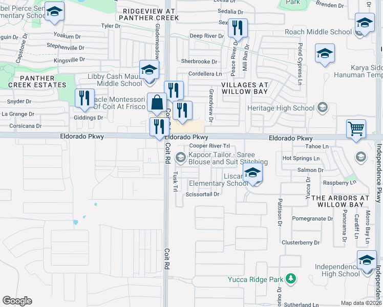 map of restaurants, bars, coffee shops, grocery stores, and more near 11498 Tusk Trail in Frisco