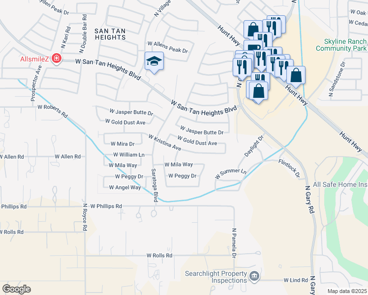 map of restaurants, bars, coffee shops, grocery stores, and more near 2306 West Kristina Avenue in Queen Creek