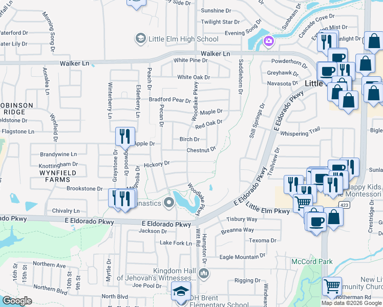 map of restaurants, bars, coffee shops, grocery stores, and more near 2304 Chestnut Drive in Little Elm