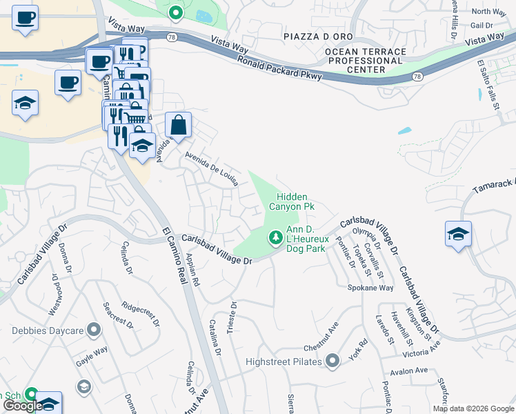 map of restaurants, bars, coffee shops, grocery stores, and more near 2808 Via Pajaro in Carlsbad