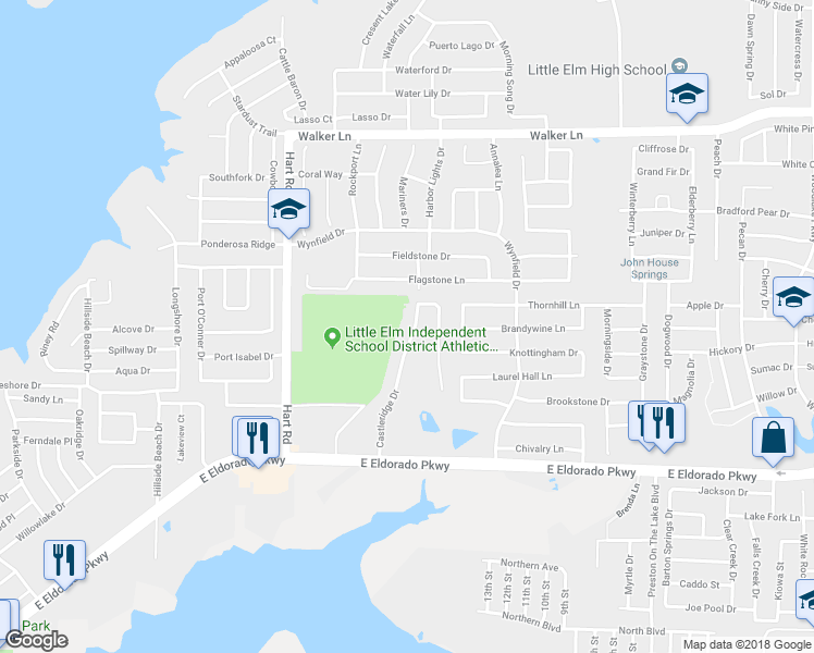 map of restaurants, bars, coffee shops, grocery stores, and more near 487 Castleridge Drive in Little Elm